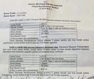 Adana Büyükşehir Belediyesi UKOME toplantısında, kentteki taksi ücretlerine zam yapılması kararlaştırıldı.