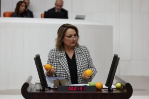 CHP’li Dr. Müzeyyen Şevkin, portakal, limon ve mandalinaları meclis kürsüsüne boşalttı